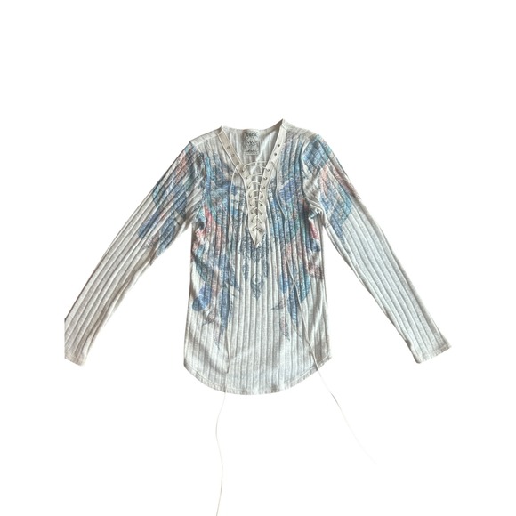 Floral Lace-Up Ribbed Long Sleeve Top Cream Y2K - Picture 1 of 4